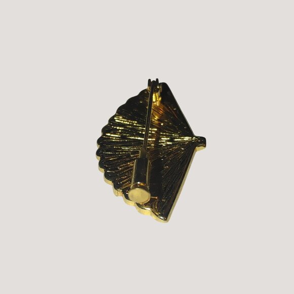 Vintage Damascene Brooch Small Gold Tone Black Enamel Fan Bird Floral Design - Picture 11 of 16